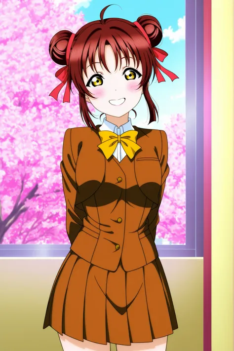 Love live, love live official artwork, anime screen cap, professional art, highres, hdr, miaka yuki,1girl,brown hair,twintails,sidelocks,hair bun,double bun,hair ribbon,school uniform,ribbon, cowboy shot ,ahoge, playful, silly smile 