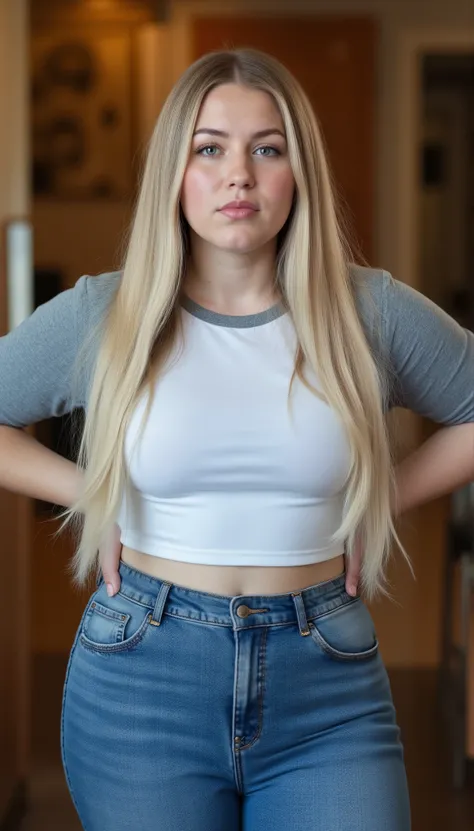 photorealistic portrait of a stout young adult woman with very long straight glossy blonde hair, looking down at viewer with clear superiority, pronounced pouting lips with slight sneer, soft rounded cheeks with natural skin texture, standing with hands on...