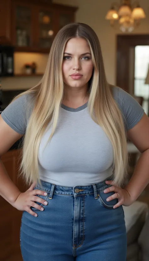 photorealistic portrait of a stout young adult woman with very long straight glossy blonde hair, looking down at viewer with clear superiority, pronounced pouting lips with slight sneer, soft rounded cheeks with natural skin texture, standing with hands on...