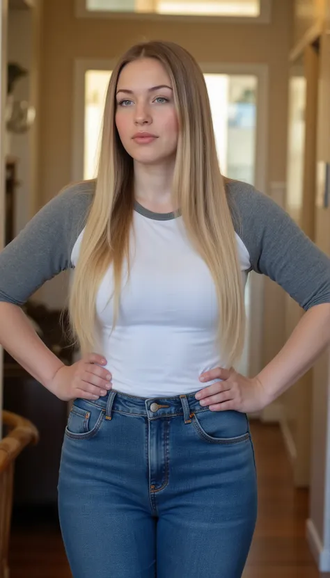 photorealistic portrait of a young stout woman in her early twenties with very long straight glossy blonde hair, looking down at viewer with teenage-like superiority, pronounced pouting lips with youthful fullness, soft rounded cheeks with smooth skin text...