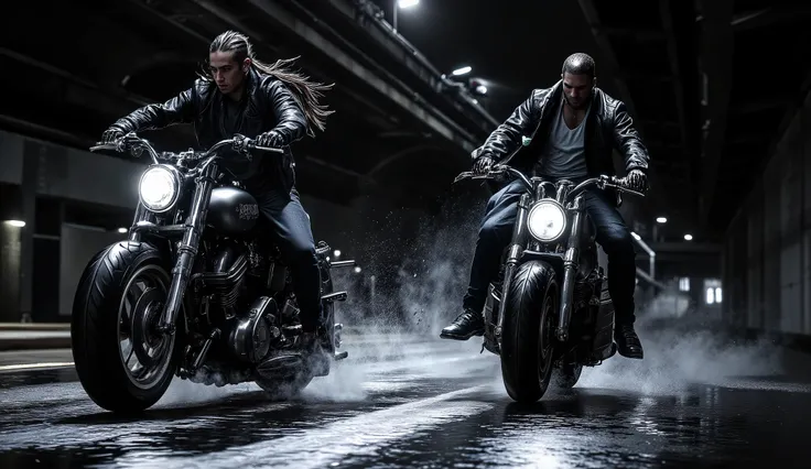 The original image is a dramatic, black-and-white cinematic scene featuring two individuals riding motorcycles under an urban overpass or tunnel. The composition captures a sense of motion, with the motorcycles leaning slightly as they speed through a wet,...