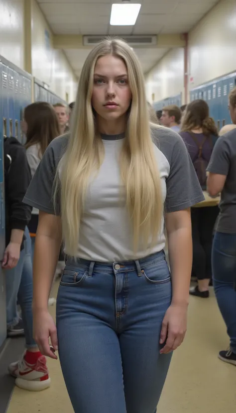 photorealistic portrait of a young stout girl very long straight glossy blonde hair, looking down at viewer with teenage-like superiority in a high school hallway lined with lockers, pronounced pouting lips curled into a subtle sneer, soft rounded cheeks w...