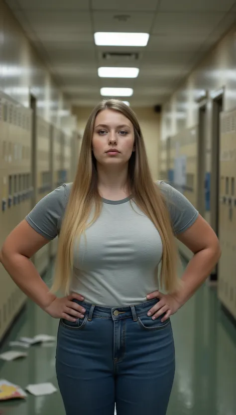 photorealistic portrait of a young stout woman in her early twenties with very long straight glossy blonde hair, looking down at viewer with teenage-like superiority in an empty school corridor, pronounced pouting lips with youthful fullness, soft rounded ...