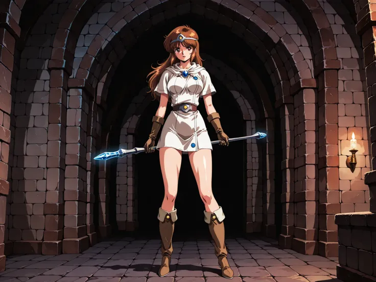 1girl, Ki fron Tower of Druaga, with brown hair and fair skin, slender, wearing a white tunic, circlet, long brown gloves and tall thigh-high brown hide boots, holding a small rod with a blue crystal tip, inside a haunted Gothic castle, alone, in full view...