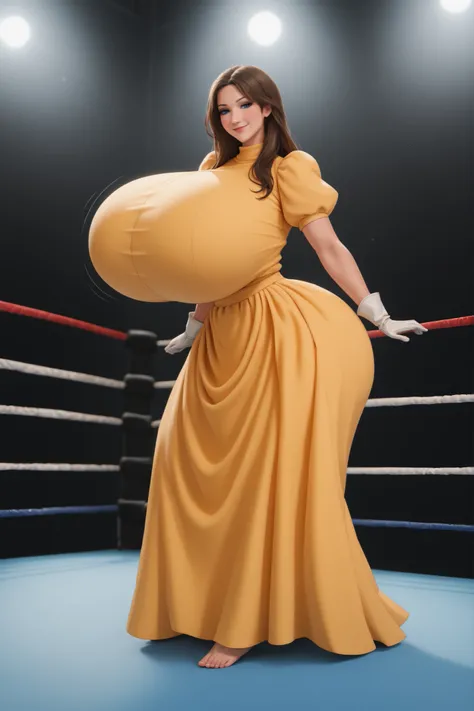 yellow dress, puffy sleeves, turtleneck, high neckline, white gloves, skirt,,,long hair, brown hair, blue eyes, makeup,,,JaneXL,,,1girl,breasts,long hair,blush,large breasts,motion lines,huge breasts,bouncing breasts,,large breasts,(Gigantic breasts:1.3), ...