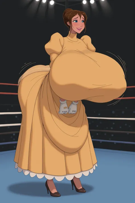 Tarzan_JanePorter,yellow dress, puffy sleeves, turtleneck, high neckline, white gloves, skirt,,,brown hair, blue eyes, 1girl,breasts,blush,large breasts,motion lines,huge breasts,bouncing breasts,,large breasts,(Gigantic breasts:1.3), (Super Wide hips:1.3)...