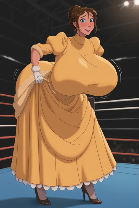 breast grab, breast_grab_skindentation, fingers_sinking_in_breast,Tarzan_JanePorter,yellow dress, puffy sleeves, turtleneck, high neckline, white gloves, skirt,,,brown hair, blue eyes, 1girl,breasts,blush,large breasts,motion lines,huge breasts,bouncing br...