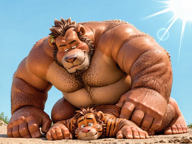  hairy and hairy bear on top of a young man, Tiger bear, campo de bestia, plump, horrible arms,   strong muscles  , plump face, Black eyebrows, sky blue eyes, beard, ironic smile, Support the back of a man,    chest and belly   , lie down, Sunlight,  stink...