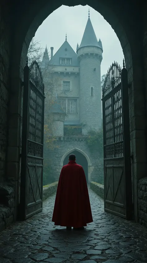 high-definition images、Bran Castle 、Romanian castles、Dracula actually exists、The gate on the other side of the bridge is open and Count Dracula with a red cloak is standing