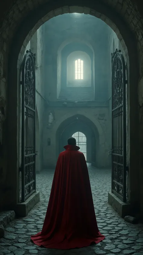 In high-definition footage、The old castle、Bran Castle 、Dracula in Romania actually exists, and the gate on the other side of the、bridge is open, and Count Dracula, wearing a red cloak, is standing facing us