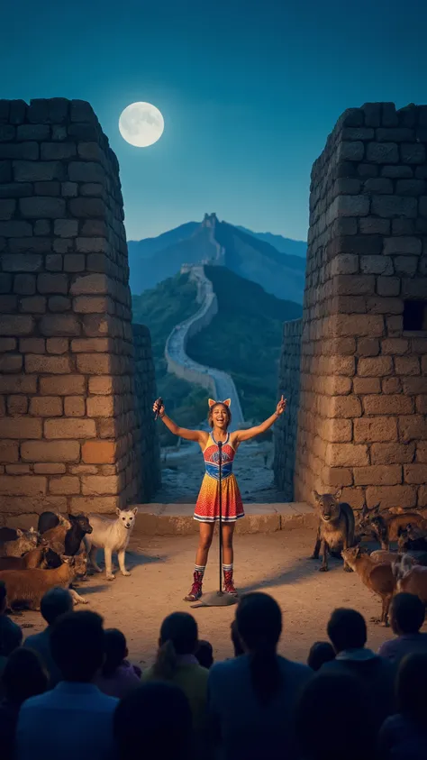 high-definition images、Great Zimbabwe Night、Great Wall（Great Enclosure）and a cheergirl with cat ears is singing with a microphone、The audience has lots of wild animals