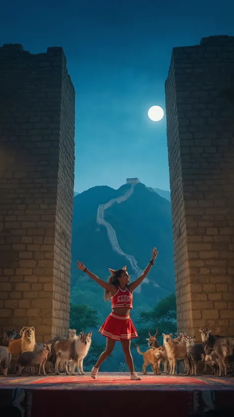 high-definition images、Great Zimbabwe Night、Great Wall（Great Enclosure）and a cheergirl with cat ears is singing with a microphone、The audience has lots of wild animals