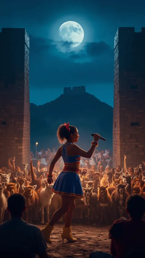 high-definition images、Great Zimbabwe Night、Great Wall（Great Enclosure）and a cheergirl with cat ears is singing with a microphone、The audience has lots of wild animals