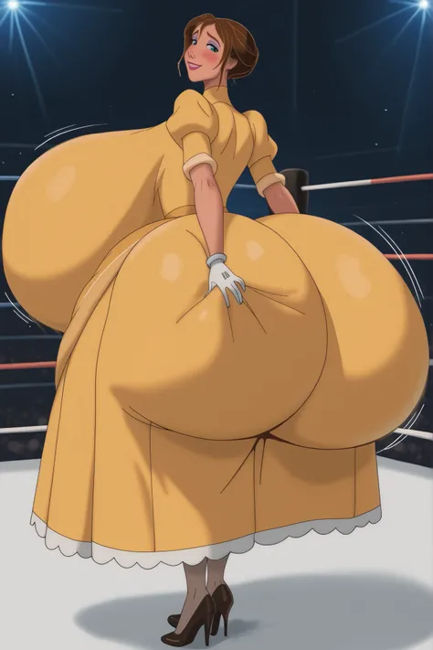 gigantic ass,extra_squish,ass grab, ass_grab_skindentation, fingers_sinking_in_ass,Tarzan_JanePorter,yellow dress, puffy sleeves, turtleneck, high neckline, white gloves, skirt,,,brown hair, blue eyes, 1girl,breasts,blush,large breasts,motion lines,huge br...