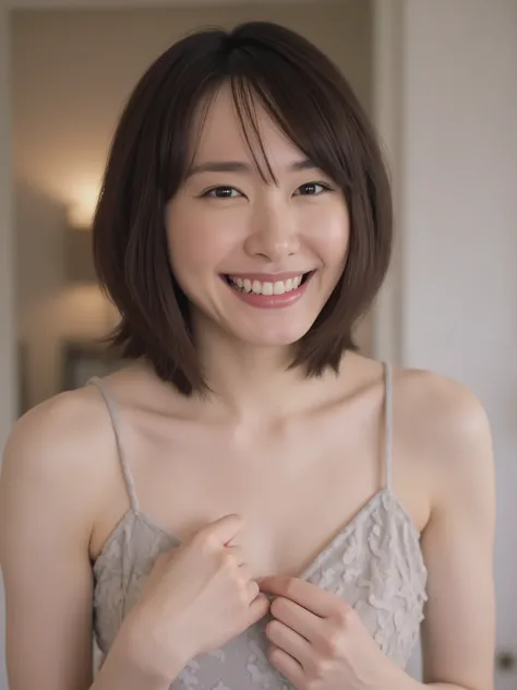 Artistic, Ultimate Details, beautiful woman taking off plastic,  Voluptuous cleavage, eye contact, Happy big smile , Healthy Teeth Position, shiny skin, Modern Bedroom, night light, Sensual Vibes,Full Body，standing in the teacher's house，