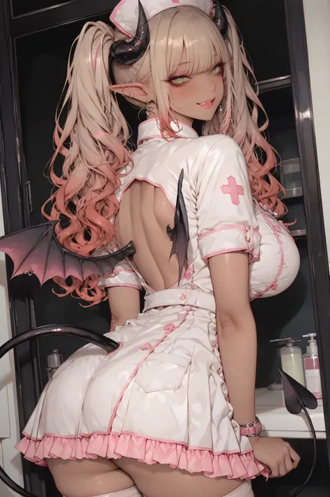 
masterpiece, best quality, high res, perfect lighting, absurdres,1girl,, (half body image), (back shot, from behind),(large breast),( ) ,gyaru nurse with dark background, long dyed reddish-brown hair with blonde highlights styled in trendy twin tails, poi...