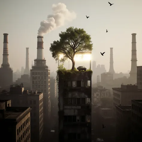 "A tree in the middle of an early industrial revolution city, factories and smokestacks in the background, contrast between nature and machinery"
The Scene Behind: This drone is the last sentient being on Earth. It is an advanced AI that was once the city'...