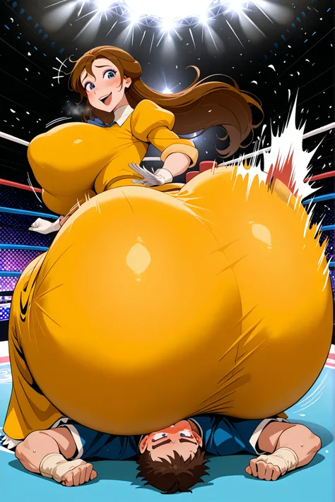 huge ass,yellow dress, puffy sleeves, turtleneck, high neckline, white gloves, skirt,,,long hair, brown hair, blue eyes, makeup,,,JaneXL,,,1girl,1boy,breasts,long hair,blush,large breasts,,motion lines,huge butt,bouncing butt,,large breasts,motion blur,(Pr...