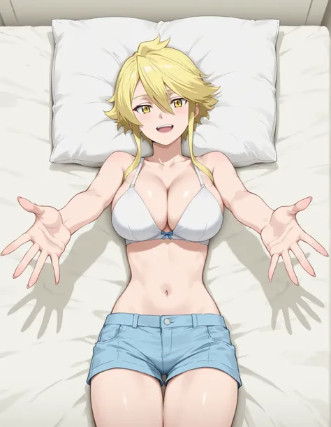 aaleone, sexy, blue short pants, lay on bed, white bra