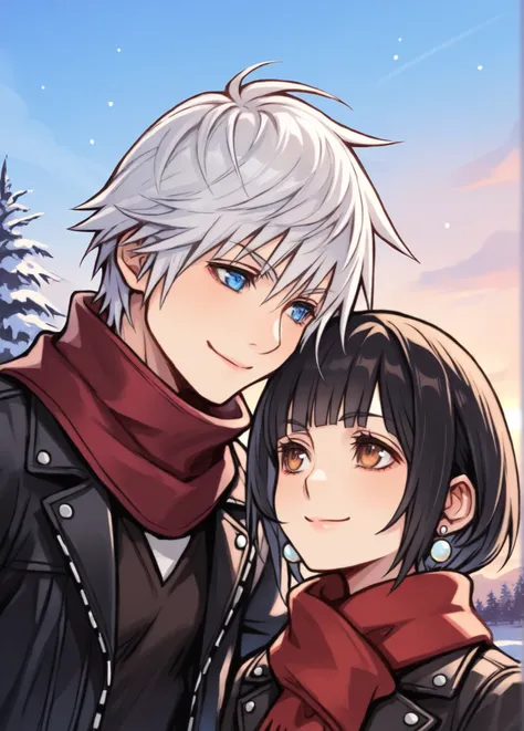 tetsuyaxd,
masterpiece, best quality, amazing quality, very aesthetic, absurdres, newest, detailed background, 4k, 8k, outdoors,
1girl, 1boy, black hair, jewelry, blue eyes, smile, earrings, brown eyes, scarf, bangs, blunt bangs, short hair, black jacket, ...