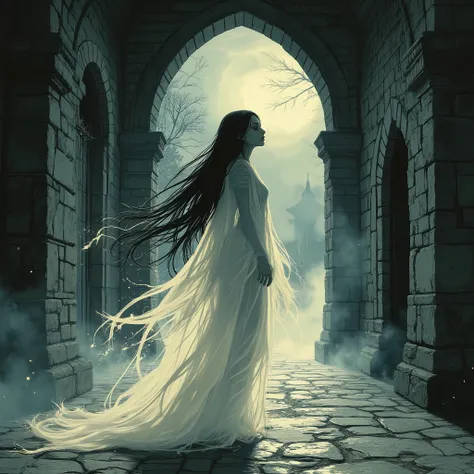 A beautiful spirit wandering in the courtyard of an old castle、long black hair、Translucent Body、Thin White Costume、mysterious atmosphere、Moonlit Corridors、 old stone wall 、Foggy Presence、Silence、sad expression、Soft light particles drift around、ghost、Spirit...
