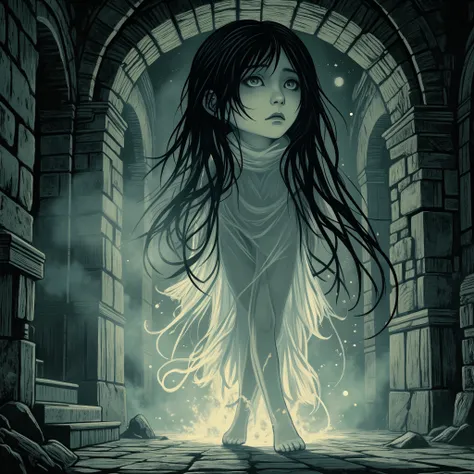 A beautiful spirit wandering in the courtyard of an old castle、long black hair、Translucent Body、Thin White Costume、mysterious atmosphere、Moonlit Corridors、 old stone wall 、Foggy Presence、Silence、sad expression、Soft Light Particles Drift Around、ghost、Spirit...