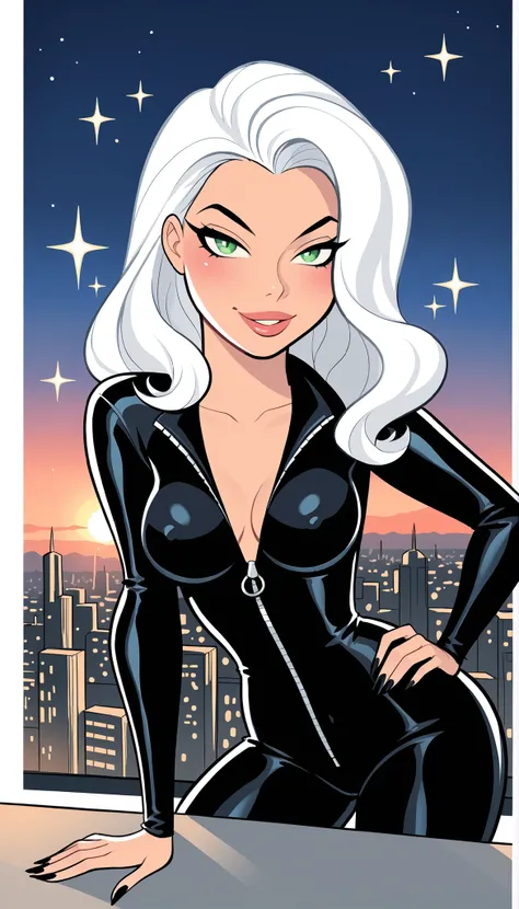 Estilo Bruce Timm e,((Black Cat from Marvel's Spider-Man)), obra-prima, melhor qualidade, ultradetalhado, only, uma garota, estilo anime, linear crisp and clean, Cores fortes,
{(Sensual curvaceous figure), (seios grandes, cintura fina, Seductive proportion...