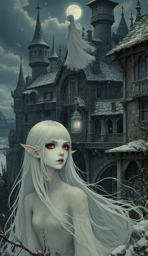 (The fusion of ukiyo-e and dark fantasy. Aesthetic, gothic-style digital art. Detailed facial rendering. Two female elves.) BREAK
(Translucent silver hair. Straight-across bangs. Silver eyebrows. Silver long eyelashes. Almond-shaped eyes. Crimson pupils. ...