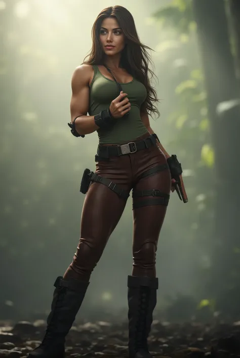 full length sexy beauty Lara Croft, slim, tall, brown long hair, brown eyes, red lips, athletic slim figure, large breat, muscle, brown leather pants, green leather t-shirt, leather boots, background, mist, fog, blurred shadows, photorealistic