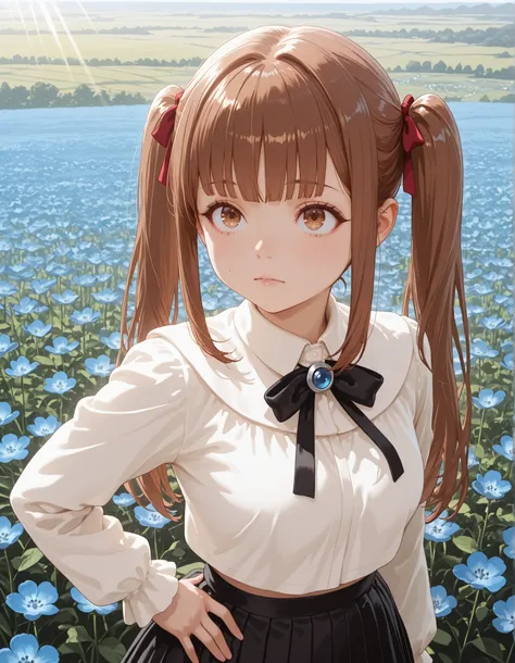 ((1girl, solo:1.3), masterpiece,best quality,amazing quality,(( lyra (girumasu), long hair, brown hair, twintails, hair ribbon, blunt bangs, sidelocks, brown eyes, white blouse, black bowtie, jewelry, long sleeves, frills, black skirt, )) looking up, from ...