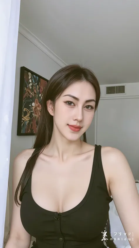 Beautiful asian muscle woman smiling open mouth , close-up half body , huge breast, cleavage visible , happy vibes beauty smile , perfect hands , auto correct detail fingers