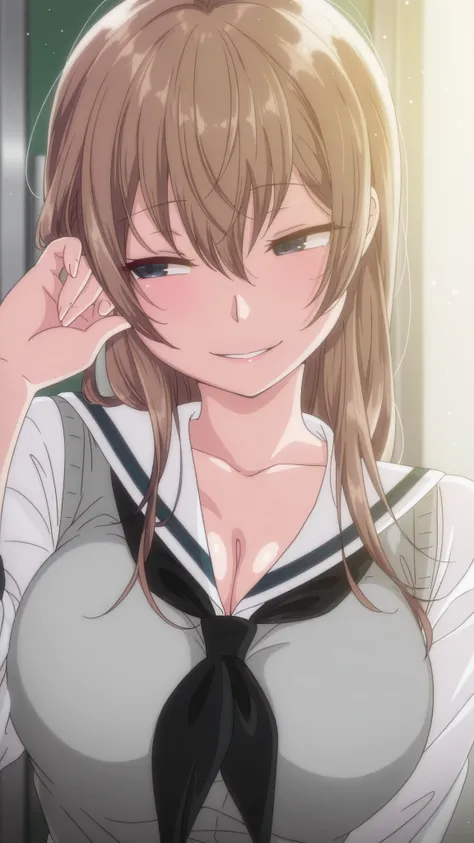 girl, long hair, asymmetrical hair, large breasts, chisa, alone, chisa_IlXL,Brown Hair, smile, narrowed eyes, parted lips, naughty face,, slight smile, contrast, seductive smile, anime coloring, expressive, sensual pose,masterpiece, best quality, dynamic l...