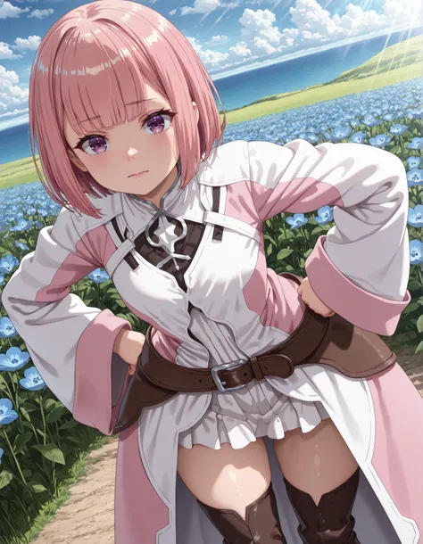 (((dutch angle))),upper body, from below, 1girl, solo, ((leaning forward)), 1girl, looking at viewer, hand on own hips, anime screencap, masterpiece, best quality, ((lululi ashford (girumasu), short hair, pink hair, bob cut, blunt bangs, purple eyes,whit...