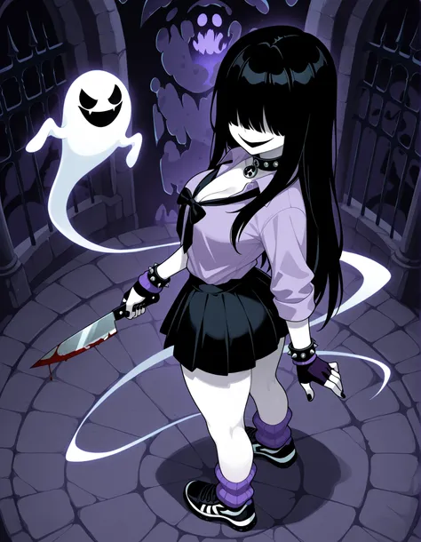 (Highest quality)), (Dark Haunted Castle background), ((Ghost Girl)), 1girl, full body, Standing, breast, thighs, hips, solo, medium breast, black hair, haircut, long hair, hair over the eyes, pale skin, pale skin female, black nail polish, collar shirt, l...