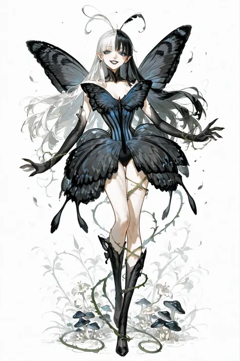 (SPLIT-COLOR HAIR,MIX OF BLACK AND WHITE HAIR,) Dark faèrie-girl. She has an asthenic skinny flat-chested physique, she has long elegant swan neck,clawed six-fingered limbs,long pointy ears. She has huge sharp pitch black butterfly wings. She has elegant c...
