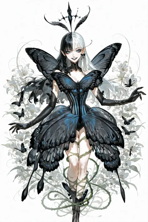 (SPLIT-COLOR HAIR,MIX OF BLACK AND WHITE HAIR,) Dark faèrie-girl. She has an asthenic skinny flat-chested physique, she has long elegant swan neck,clawed six-fingered limbs,long pointy ears. She has huge sharp pitch black butterfly wings. She has elegant c...