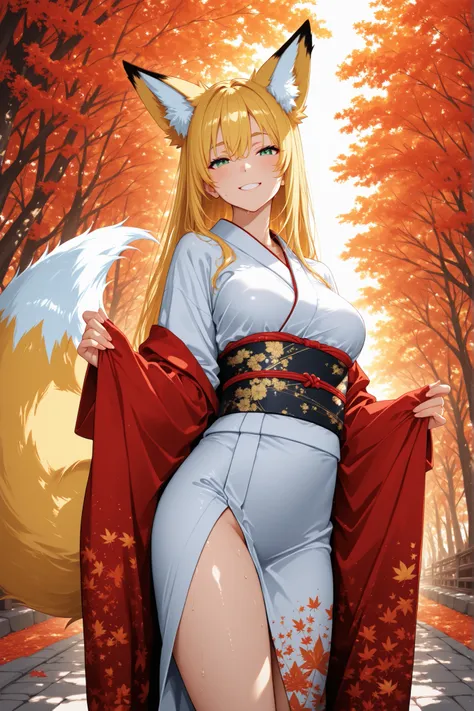 (Woman in Japanese Kimono),和服の女性,全身を映す, nsfw,ultra-aesthetic, anime style, smile,{best quality}, {very aesthetic}, {ultra-detailed}, {best illustration}, autumn, {midnight},detailed fabric texture, passionate and lively atmosphere, {{raised mons pubis}},sw...