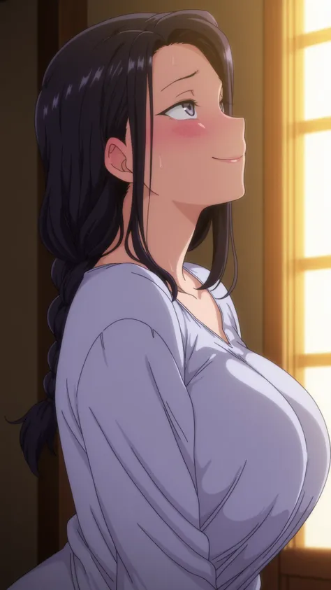 Long Hair,Big Breasts,Blushing,Masterpiece,Best Quality,blush, lipsticks officially , smile , milf , Dynamic Lighting,body,mature female,black hair,braid,anime coloring,masterpiece,best quality,amazing quality, looking up side,up side view
