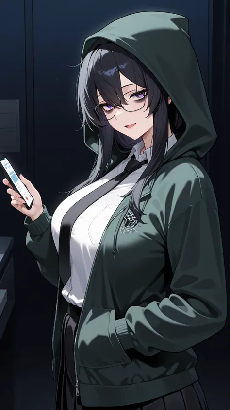 gamerexia, masterpiece, best quality, absurdres, 1girl, solo, medium_breasts, purple_eyes, glasses, black_hair, long_hair, sidelocks, hair_berween_eye, long_sleeves, mature_female, white_shirt, dark green hoodie, open hoodie, black_necktie, school_uniform,...
