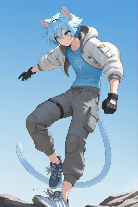 ((masterpiece)),((professional illustration)), ((Alone)), Androgynous boy, short sky blue hair, pointy cat ears, long cat tail, blue feline eyes, white parka jacket, blue shirt, Gray cargo pants, black gloves with knuckle reinforcement, neon blue sneakers,...