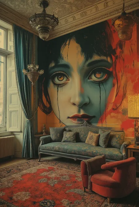 Hans Gigger Style, Alfred Kubin , gothic, overlay, Romanticism, art deco, Empty Gaze, , noise, anxiety, colorful , exquisite details in a hotel room, Professional Photography, vivid color, Chiaroscuro Lights, realistic, ultra-precise, Ultra Clear, colo...