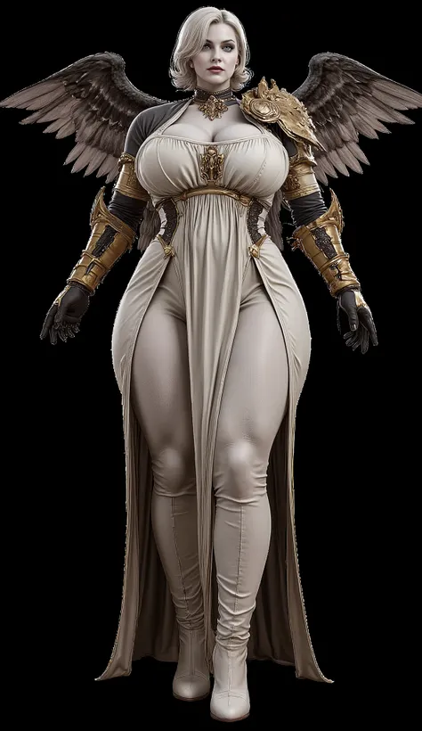 ママタイプボディーのとても太っている白人pregnant woman, 白人のとても太めのpregnant woman, angel wings(A very fat white pregnant woman with a)armor, Angel Bird Feathers Bird Feathers(bird feathers that have retained their prototype)armor,vertical roll blonde long hair, vertical roll bl...