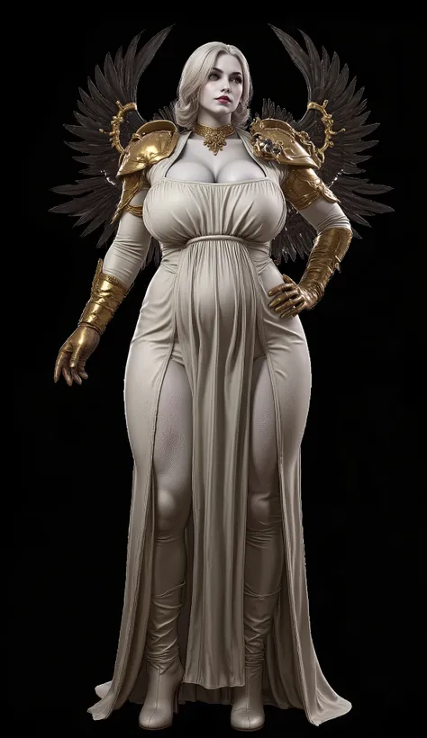 ママタイプボディーのとても太っている白人pregnant woman, 白人のとても太めのpregnant woman, angel wings(A very fat white pregnant woman with a)armor, Angel Bird Feathers Bird Feathers(bird feathers that have retained their prototype)armor,vertical roll blonde long hair, vertical roll bl...