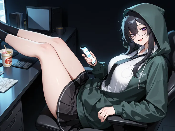gamerexia, masterpiece, best quality, absurdres, 1girl, solo, medium_breasts, purple_eyes, glasses, black_hair, long_hair, sidelocks, hair_berween_eye, long_sleeves, mature_female, white_shirt, dark green hoodie, open hoodie, black_necktie, school_uniform,...