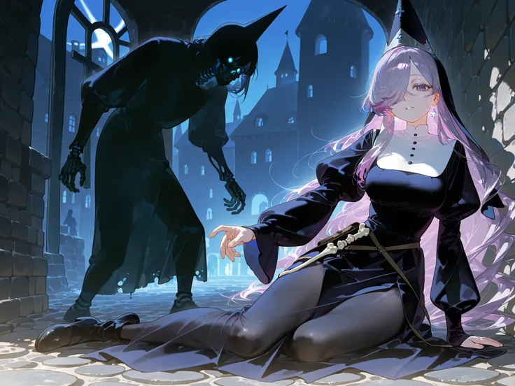 The ghostly medival princes is a ghost. (her body is transparent and translucent because she is a ghost. (She has a transparent skin, the silhouette of her skeletal bones can be see through.) She has a mature physique. She has ghostly pale skin and bruises...