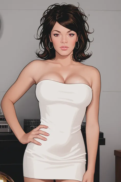 score_9, score_8_up, score_7_up, score_6_up, score_5_up, score_4_up, realistic, hyper-realism, Lana, 1girl, solo, messy brown hair, cleavage, navel, lips, hand on hip, medium breasts, looking at viewer, cowboy shot, red eyes, (glowing eys:0.5), high arched...