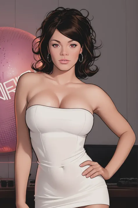 score_9, score_8_up, score_7_up, score_6_up, score_5_up, score_4_up, realistic, hyper-realism, Lana, 1girl, solo, messy brown hair, cleavage, navel, lips, hand on hip, medium breasts, looking at viewer, cowboy shot, red eyes, (glowing eys:0.5), high arched...