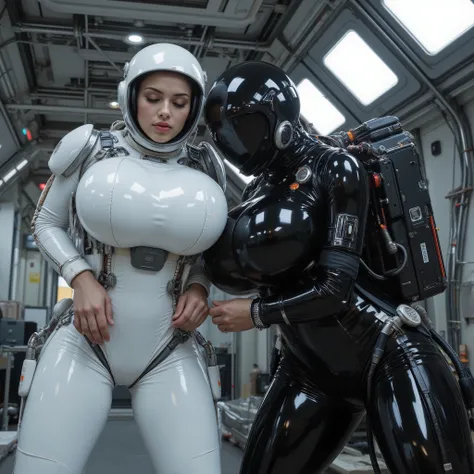 Masterpiece photorealistic slightly low angle view depicting two female astronauts in a futuristic space environment, showcasing a dynamic interaction between them. The astronaut on the left is clad in a glossy sleek, shiny white suit with integrated elect...