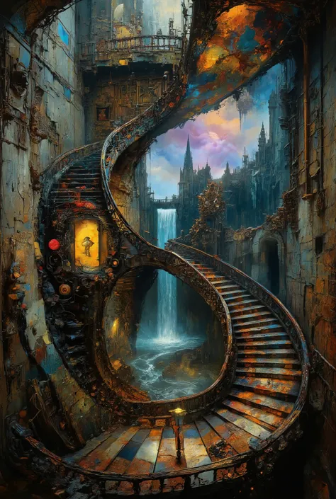 A mesmerizing and surreal digital work of art that captures the essence of vertigo in a ghost castle, with a staircase leading to another dimension. Imagine a spiral staircase that seems to defy the laws of physics, bending in incredible ways and climbing ...