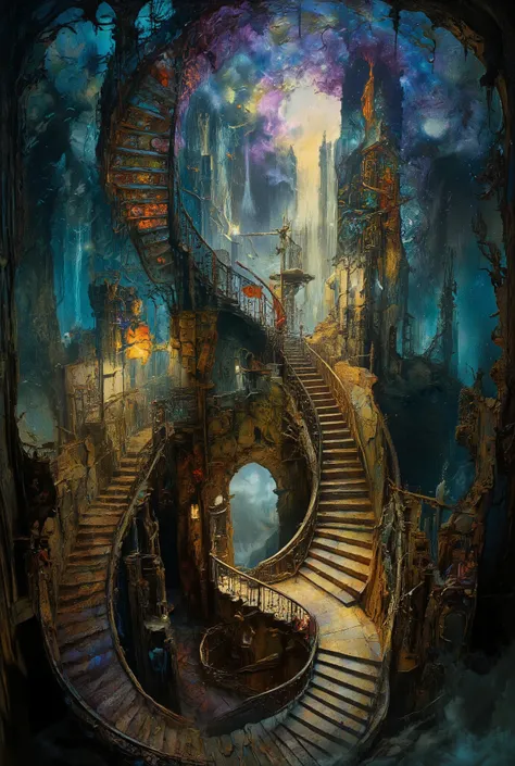 A mesmerizing and surreal digital work of art that captures the essence of vertigo in a ghost castle, with a staircase leading to another dimension. Imagine a spiral staircase that seems to defy the laws of physics, bending in incredible ways and climbing ...